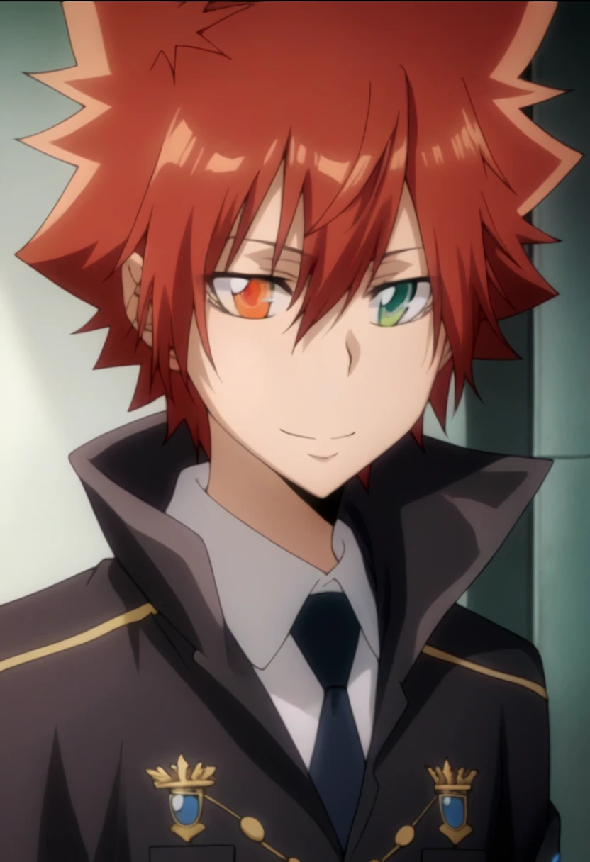 score_9, score_8_up, score_7_up, score_6_up, highly detailed, masterpiece, best quality,detailed,intricate details, amazing quality, best aesthetic, absurdres,source_anime,1 boy,tsuna_hyper,scarlet hair,heterochromia,orange eye, green eye,Long nape hair,smile,black combat uniform