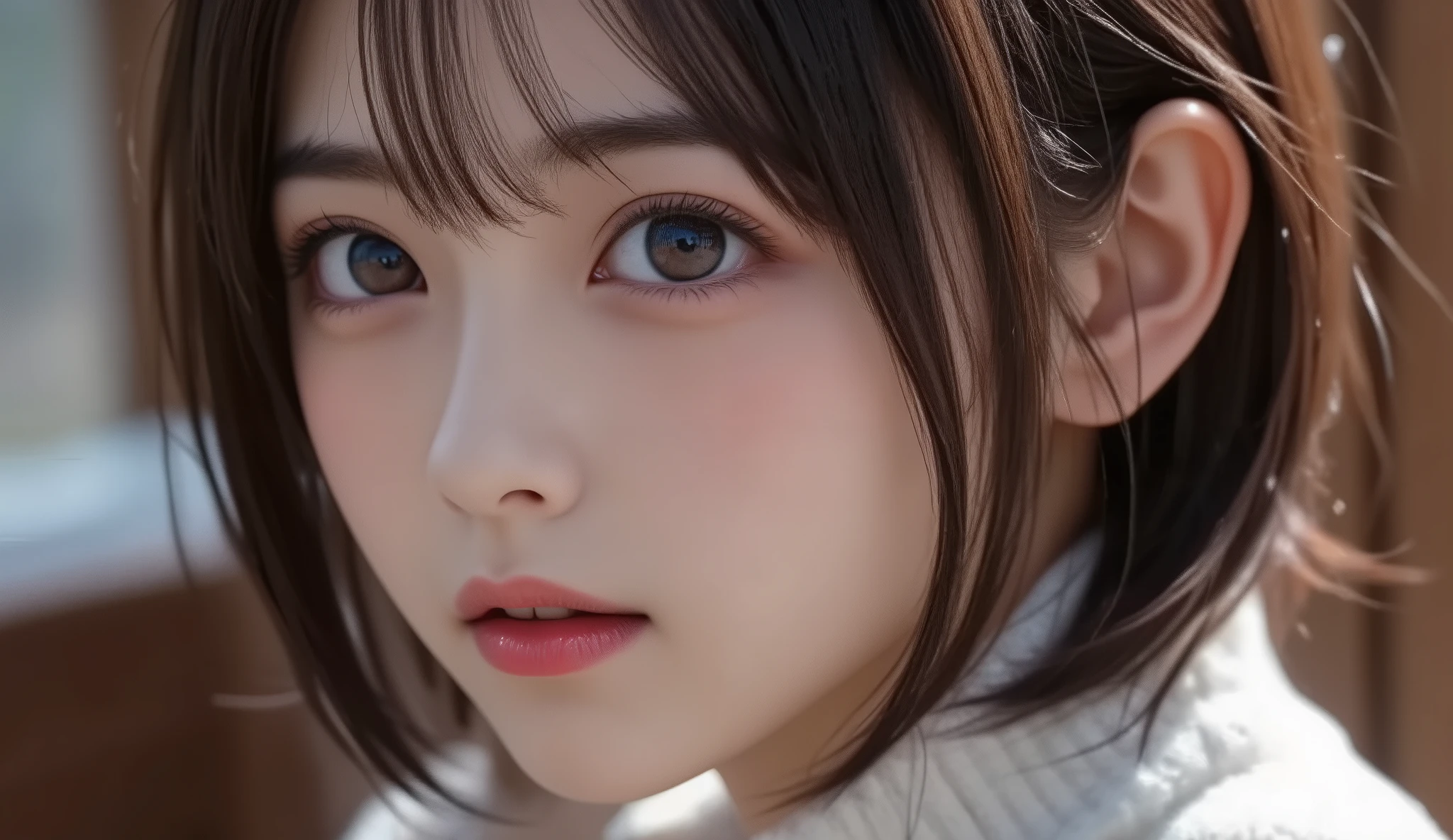 8k,   ultra high definition,  best quality , Masterpiece,rule of thirds,golden ratio, surreal,photograph, one woman,( girl :1.3), cute, cute顔, 細部まで  beautiful eyes, 細かく  Detailsに,Masterpiece,一人の girl :1.2,  Japanese Women, princess,extream close up,smile, black hair,Bowl cut,ID photo,future, luxurious and beautiful ,sunset,(( beautiful turtleneck sweater:1.5)), fancy fashion, Luxurious Decor,(BDSM Femdom),(cute girl),(Upper class woman:1.5),At dusk , Detailsな顔, charming eyes,(ポートレートphotograph:1.4),( photographのような画像 :1.4),  fantasy art,( beautiful faces:1.4),美しく charming eyes, beautiful eyes,( thin waist:1.4)、(Beautiful :1.4),  pink lips, profile,((( ideal body shape))),Small bust, A cup :2,、 portrait:2、  perfect anatomy、鮮明な  Details、  Details, thin lips,完璧で beautiful faces ,完璧で cute顔,   Detailsな肌 ,  Perfect Limbs 、  thin waist,  surreal,Light and Dark,  fashion magazine cover,backlighting