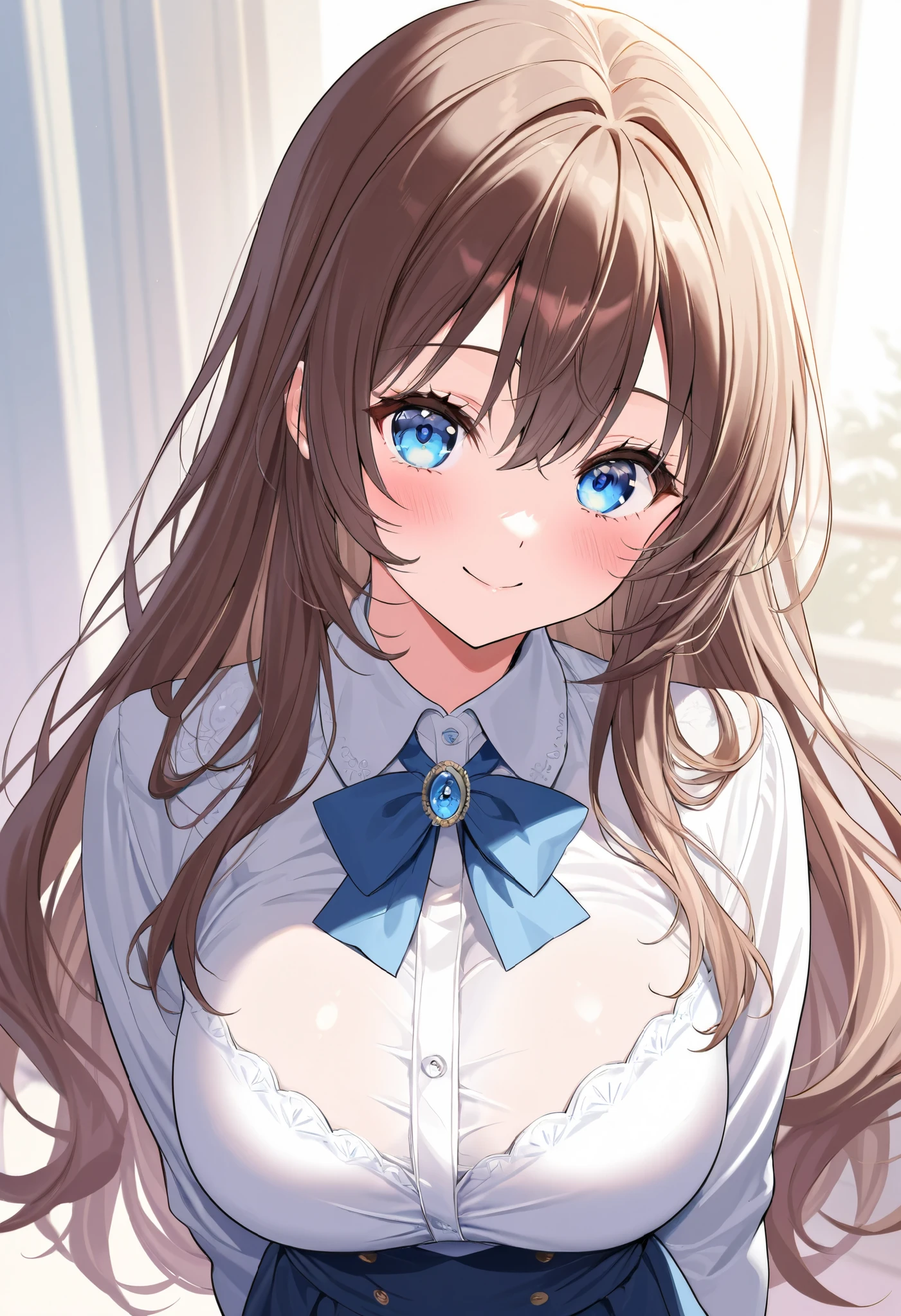 masterpiece, Highest quality, Very detailed, ,The finer details, Anime Style, One Girl, 22 years old, Cute Face、bangs, Large Breasts、Big Ass、Tight waist, front、Long brown hair ponytail、Beautiful Eyes、Light blue eyes, Shiny Hair, Look at the photographer､ とってもCute Face, smile、Bunny pose with both hands above your head,、Wink、、My fingers５Book、 White shirt,、denim 、Shallow depth of field、Looking up、Embarrassed face