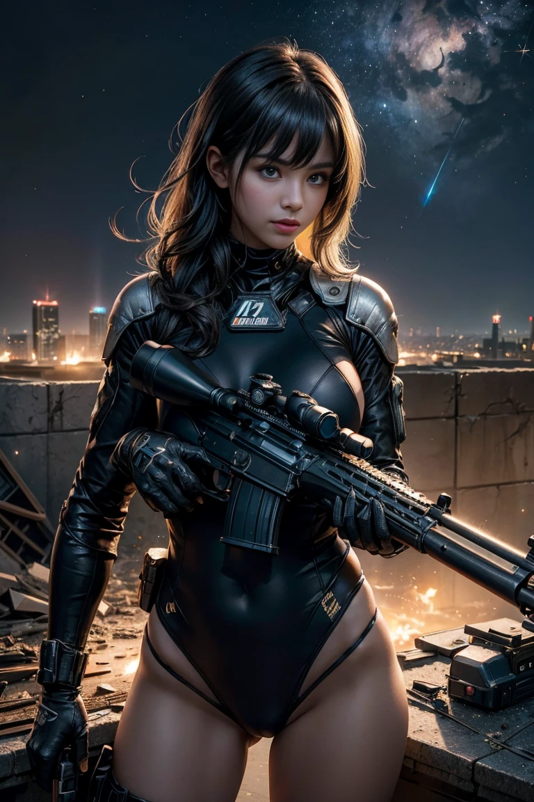 woman, unkempt hair, exosuit chest, torn clothes, war wounds, holds knife, sneaky pose, full body focus, destroyed city background