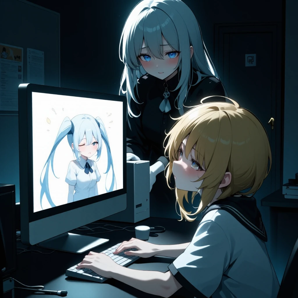 Quality: ((Best quality illustration)), (Excellent), ((Details)),
Style: Comic art, fun, humorous, crazy, horror.
An eerie anime-style illustration set in a dark, dimly lit room.
A young boy sits at his computer, staring at the monitor.
On the screen, a twin-tailed girl reminiscent of Hatsune Miku is crying out in tears, desperately asking for help.
Behind her stands a long-haired, horror-like figure, partially obscured by shadows.
The scene features cinematic lighting with cool blues and blacks, conveying a disturbing, suspenseful atmosphere.
Highly detailed, high-resolution artwork with dramatic tension and a subtle sense of dread.