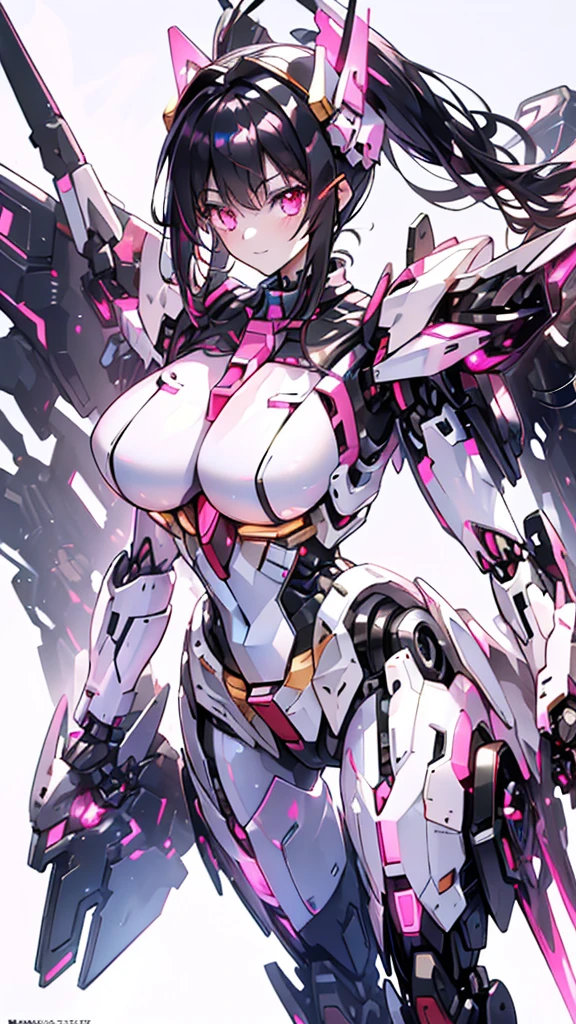 (Gundam girl:1.2),(mecha:1.2),(((robot))),(((Goddess Mecha:1.2))),
BREAK
(((White background:1.4))),(whole body:1.6),
BREAK
(Nature illustration spring:1, Art Book，Art Books:1.3, quilt art:1.2),( Reasonable design, clear lines, High Definition,best quality, Very detailed, Movie lighting effects, 4K ),(Mecha suit:1.5),(Cool illustration:1.5),(watercolor painting:1.2),(1girl:1.0),girl,Black and pink pattern, fantasy, detailed picture,Cool smile,Cruel beauty,Gem-like pink eyes, Very beautiful eyes, The face is rich in detail, pink energy,(Glow pink: 1.5),Standing picture，Cool look,(Glowing pink between my breasts:1.6),
BREAK
(Tail binder on the side of the head:1.1),(((Tail binder))),(twin Tails binder:1.2),
(silver glowing mechanical wing),(heavy armor on shoulders),
BREAK
tsukuyomi shirabe:0.6,pink eyes,(((black hair:1.4))),blunt bangs,twintails,pink mecha ribbon,(gigantic breasts:1.2),
