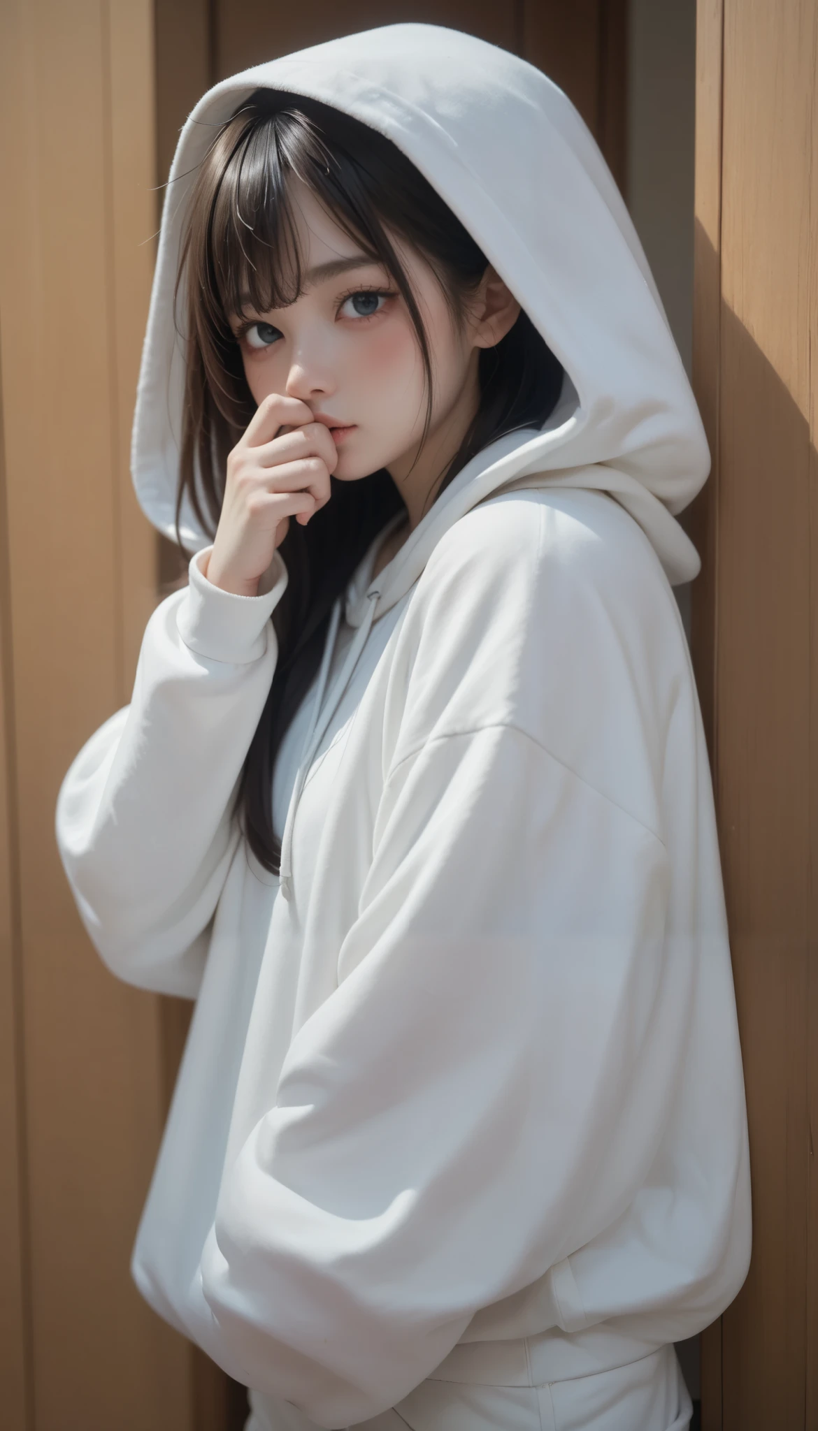 Draw a young shy girl with long dark hair hiding in a white oversized hoodie completely covering her face with a hood, I can&#39;t see
