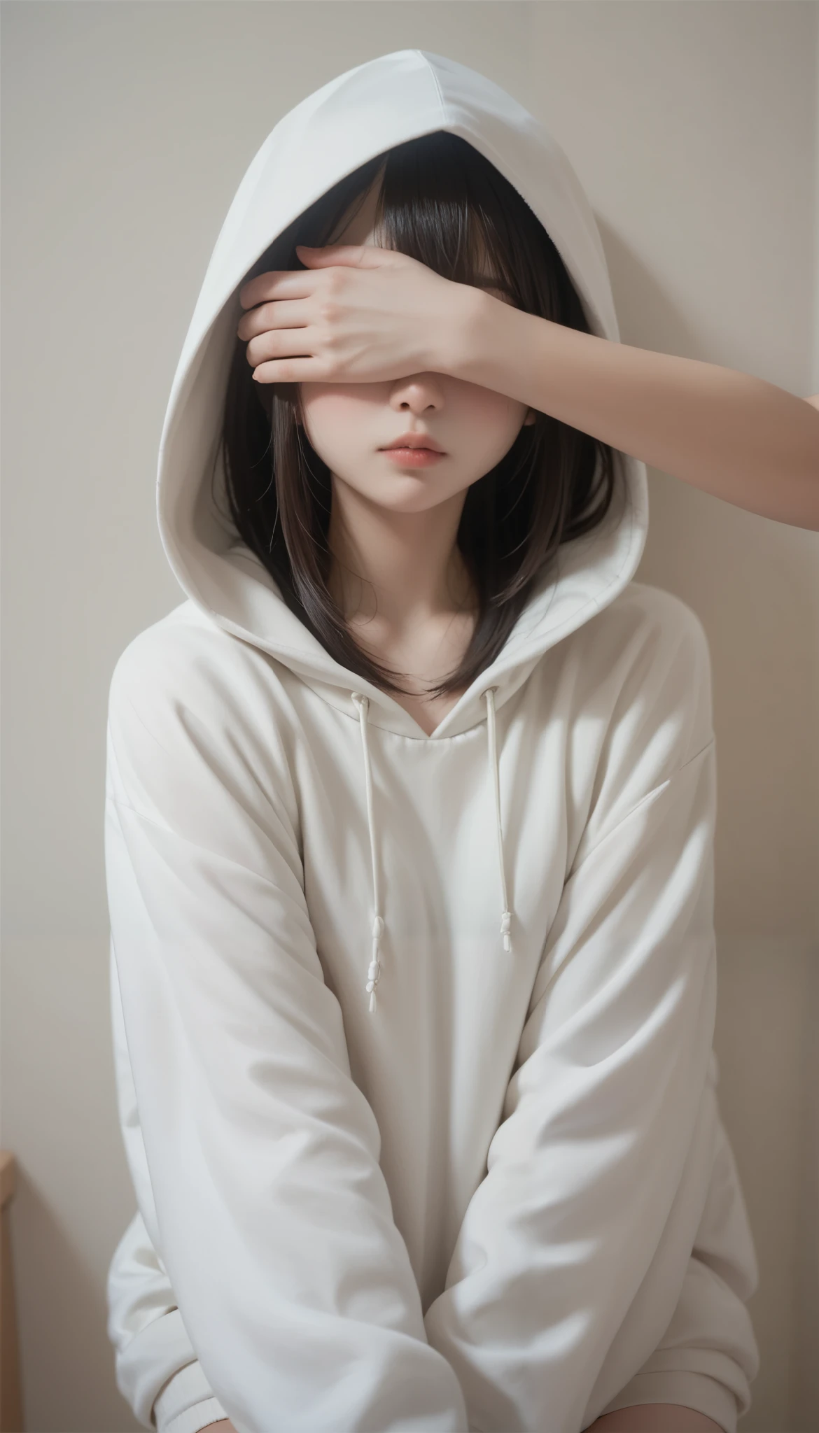 Draw a young shy girl with long dark hair hiding in a white oversized hoodie completely covering her face with a hood, I can&#39;t see
