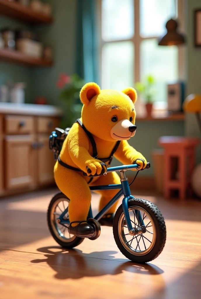 Tiny bear the size of a human finger in yellow striped black rides a bike around the house,Visual 3D