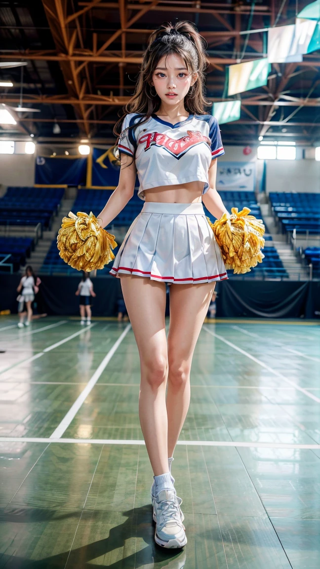 cheer girl、a miniskirt、japanes、dance pose、Suntan-Skin、stadio、Raise one leg