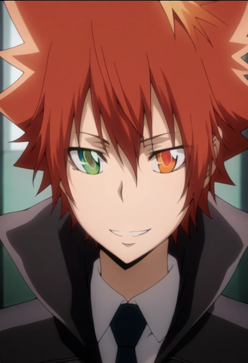 score_9, score_8_up, score_7_up, score_6_up, highly detailed, masterpiece, best quality,detailed,intricate details, amazing quality, best aesthetic, absurdres,source_anime,1 boy,tsuna_hyper,scarlet hair,heterochromia,orange eye, green eye,Long nape hair,smile,black combat uniform