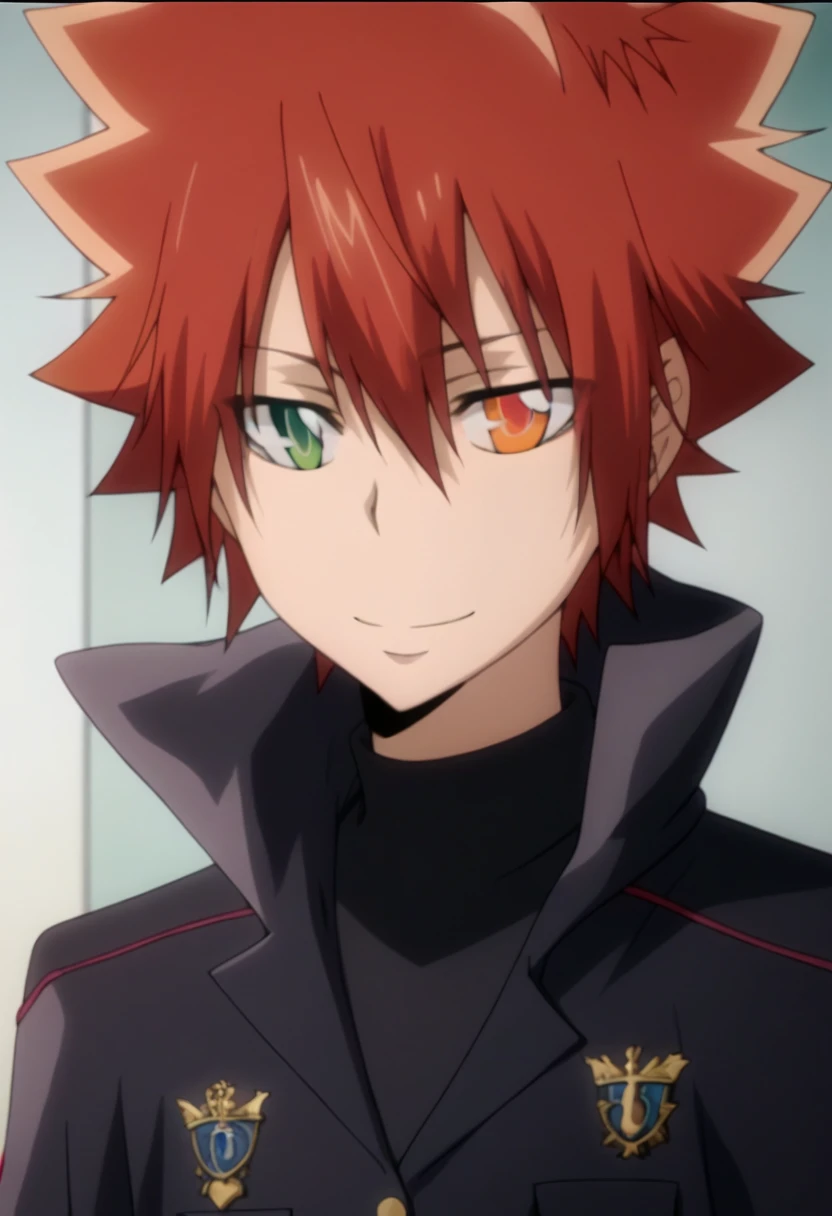 score_9, score_8_up, score_7_up, score_6_up, highly detailed, masterpiece, best quality,detailed,intricate details, amazing quality, best aesthetic, absurdres,source_anime,1 boy,tsuna_hyper,scarlet hair,heterochromia,orange eye, green eye,Long nape hair,smile,black combat uniform