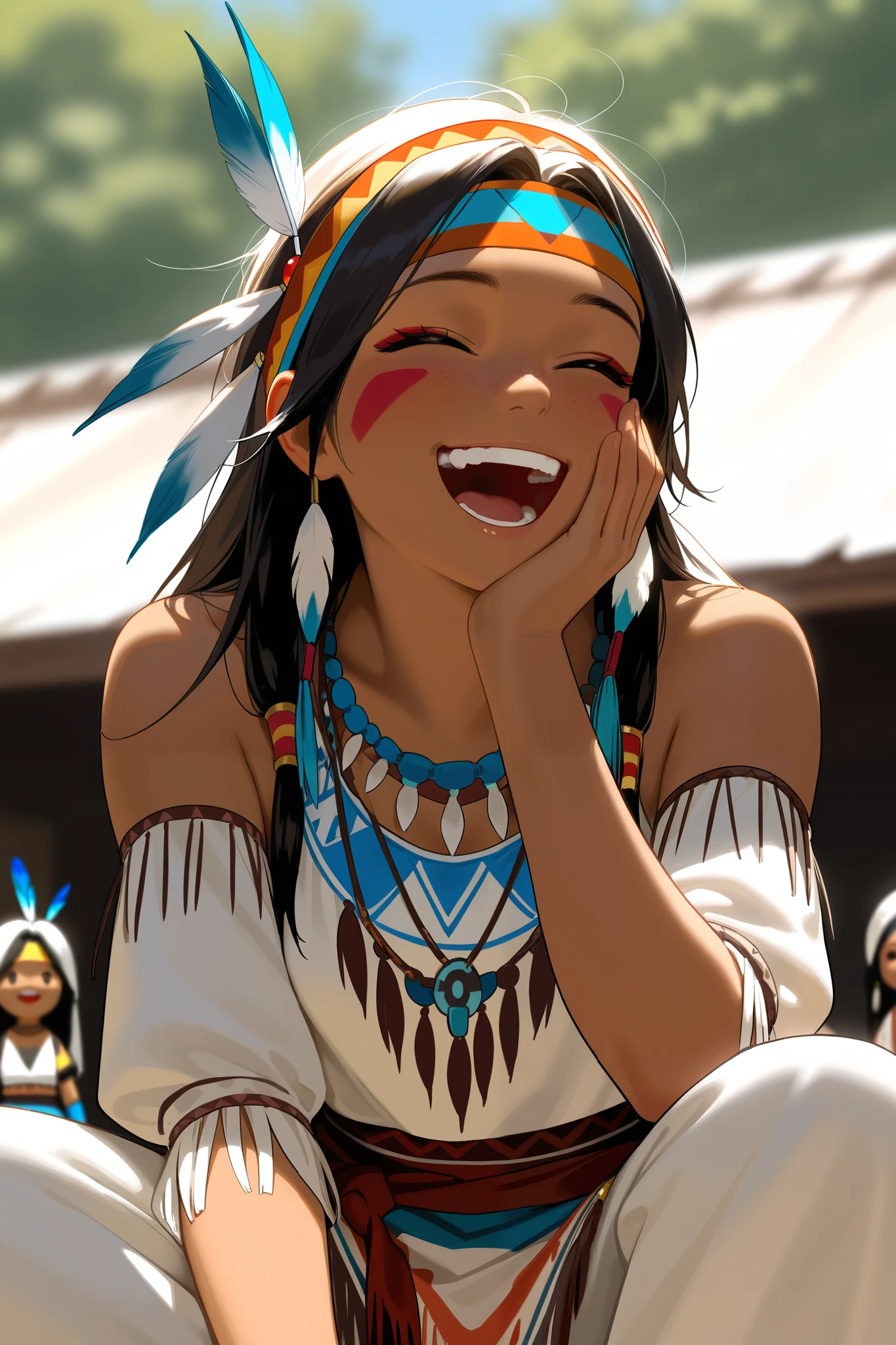 Photorealistic、 Doll ( Native American Indian, Laughing , White Indian Outfit , headband )