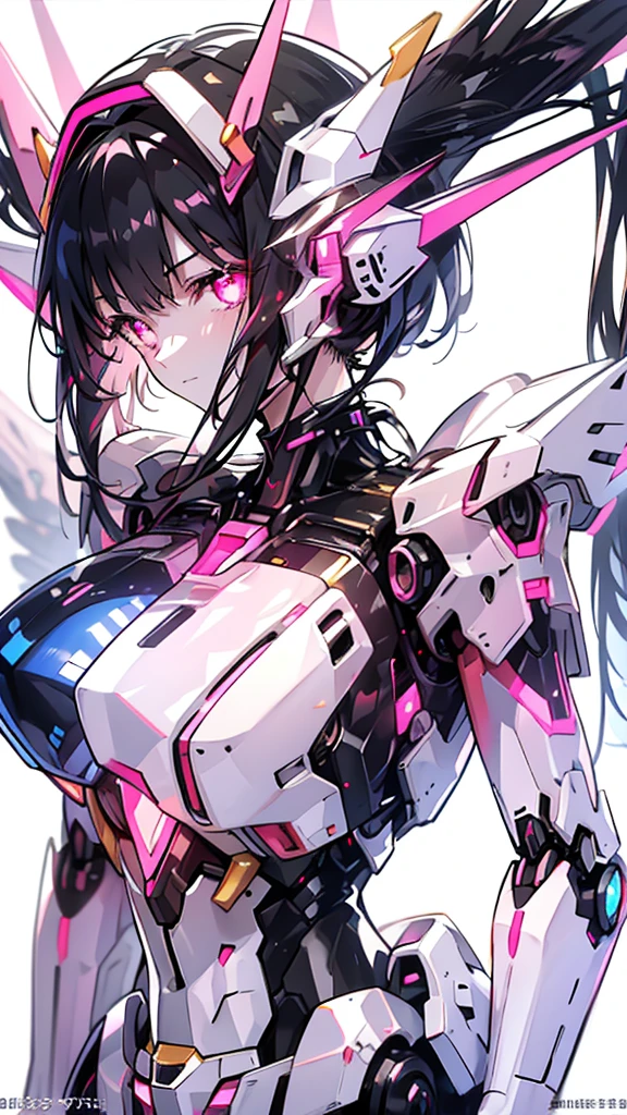 BREAK
tsukuyomi shirabe:0.6,pink eyes,(((black hair:1.4))),blunt bangs,twintails,pink mecha ribbon,(gigantic breasts:1.2),
tsukuyomi shirabe:0.6,pink eyes,(black hair:1.2),blunt bangs,((twintails)),pink mecha ribbon,(gigantic breasts:1.2),BREAK
(Gundam girl:1.2),(mecha:1.2),(((robot))),(((Goddess Mecha:1.2))),
BREAK
(((White background:1.4))),(whole body:1.6),
BREAK
(Nature illustration spring:1, Art Book，Art Books:1.3, quilt art:1.2),( Reasonable design, clear lines, High Definition,best quality, Very detailed, Movie lighting effects, 4K ),(Mecha suit:1.5),(Cool illustration:1.5),(watercolor painting:1.2),(1girl:1.0),girl,Black and pink pattern, fantasy, detailed picture,Cool smile,Cruel beauty,Gem-like pink eyes, Very beautiful eyes, The face is rich in detail, pink energy,(Glow pink: 1.5),Standing picture，Cool look,(Glowing pink between my breasts:1.6),
BREAK
(Tail binder on the side of the head:1.1),(((Tail binder))),(twin Tails binder:1.2),
(silver glowing mechanical wing),(heavy armor on shoulders),
