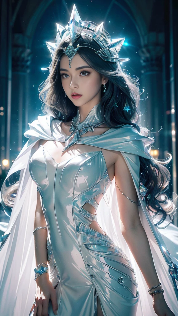 a handsome ice goddess, good face, happy face, very, realistic eyes, ice magician, ice elemental, intricate design and details, chilling mist, cold, blizzard storm, conjuring ice spell, casting ice spell, detailed dress, realistic ice effect, ((ice:1.5)), snow particles, dark fantasy art style, ruined city, dramatic lighting, cinematic,