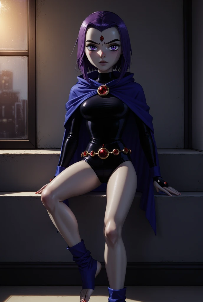 Pale white skin, photorealistic real hi detail women in black tight leotard, showing feet, sitting in the inside of a windowsill with feet up, eith the sun shining throw the window, purple hair, crying, holding legs, facing front, in a dark alley with purple fluffy ears and tail