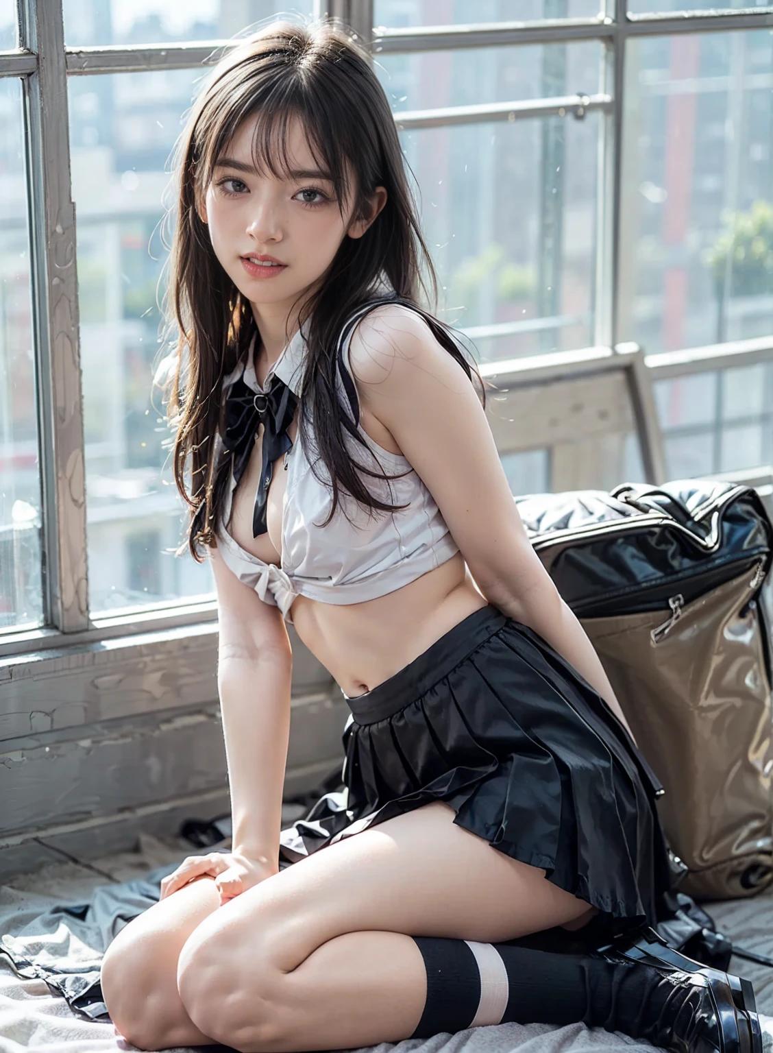 Pretty Japanese woman, dark medium hair messy, naughty smile, choker, white sheer sleeveless blouse loose, braless, cleavage, flat chest, small boobs, belly button, microskirt plaid lifted up, no panties, feeling hot, sweat, wet, sitting in classroom