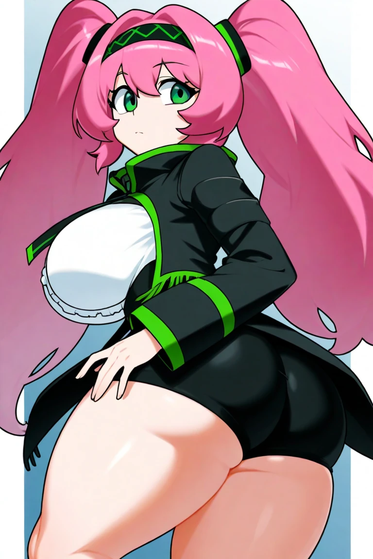 1 ,  long hair ,  2 ponytails on the side, pink hair, fringe,  big breasts,  big ass,  thick thighs ,  wide hips ,  green eyes, 2 headbands ,   short black shorts , A white top,  and a black mini coat 