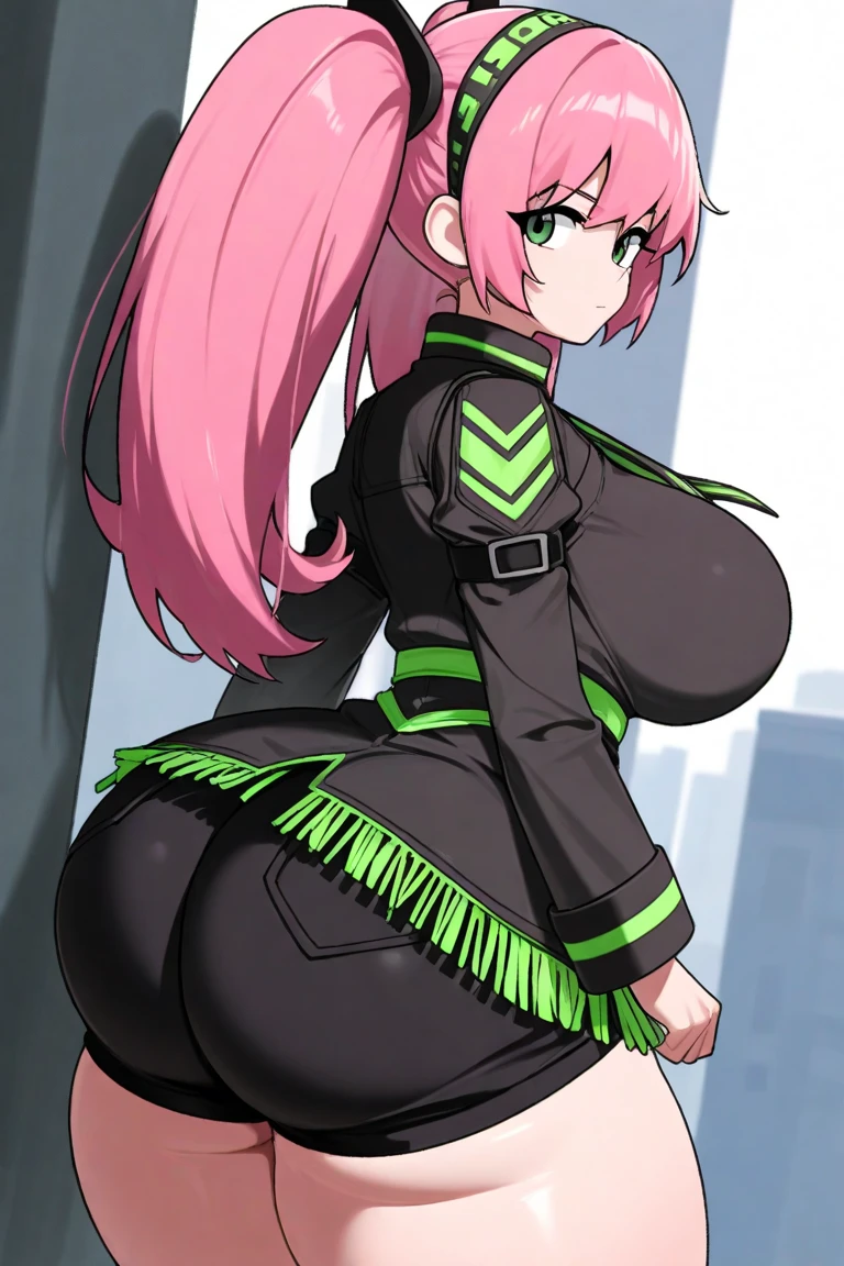 1 ,  long hair ,  2 ponytails on the side, pink hair, fringe,  big breasts,  big ass,  thick thighs ,  wide hips ,  green eyes, 2 headbands ,   short black shorts , A white top,  and a black mini coat 