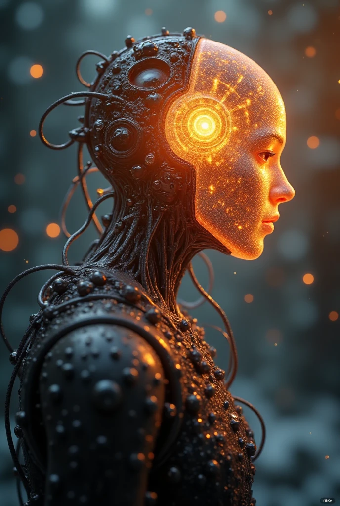   intricate mechanical parts and wires made from the side view of a wired cyborg,  Light passes through a desolate head  ,  Silhouete made of wires and cables  , Moody,  Golden Time Shines ,  On volumetric lighting 