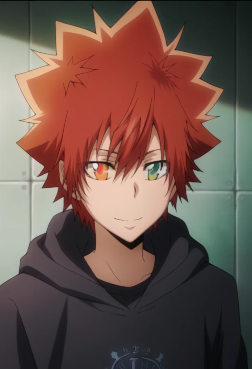 score_9, score_8_up, score_7_up, score_6_up, highly detailed, masterpiece, best quality,detailed,intricate details, amazing quality, best aesthetic, absurdres,source_anime,1 boy,tsuna_hyper,scarlet hair,heterochromia,orange eye, green eye,Long nape hair,smile,black hoodie clothes with hood