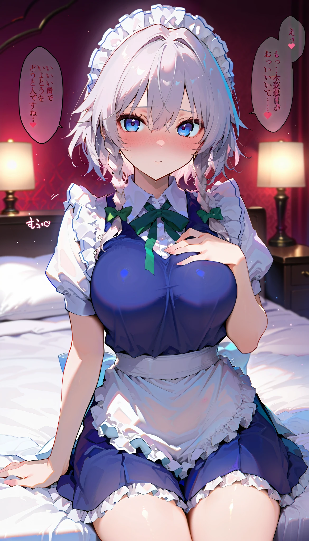 masterpiece, beautiful woman, adult female, cute, score_9, score_8_up , score_7_up , , rating_ general , 1girl , izayoi sakuya, white hair, short hair, maid clothes、Navy blue clothes,White ruffle sleeves,Short sleeve,unexposed breasts, navy blue ruffle skirt, miniskirt,white ruffle apron, twin braids, source_anime, cowboy shot, full portrait, hair between eyes, (slim, slender body, tight waist, toned body), (indoor, Love Hotel , bed, dim), (full-face blush、speech bible:1.2), (lovely face, embarrassed, full blush, loving you, I&#39;m excited), sitting on bed,  puts her hand on her chest, lovely hearts:1.4, throw, Sound effects:1.3