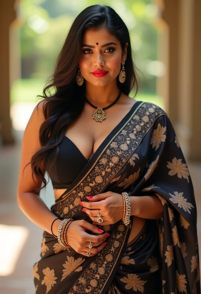 A captivating image of a Indian house wife showcasing an athlete figure, adorned in a deeply plunging sleeveless blouse, her cleavage elegantly visible. The blouse contrasts with the traditional saree she wears, blurring the lines between modernity and tradition.
The setting is a warm, softly lit room, the background suggesting the harmony of Indian culture and the influence of contemporary style. Her jet-black hair cascades in soft waves, framing her delicate face, highlighted by the play of light.
The image, captured in high resolution, presents an exquisite level of detail, showcasing the textures of the fabrics, the deep