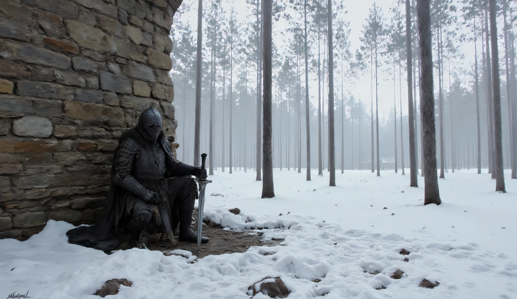 Dark souls oil painting depicts kills a knight in black armor, resting at the wall . There is a thick layer of snow around him , and dead trees stretch to the sky , like skeletal fingers . A knight in black armor sits against the wall , his sword lay on the ground . The knight's black armor contrasts with the snow , emphasizing the importance of the knight in the composition .
