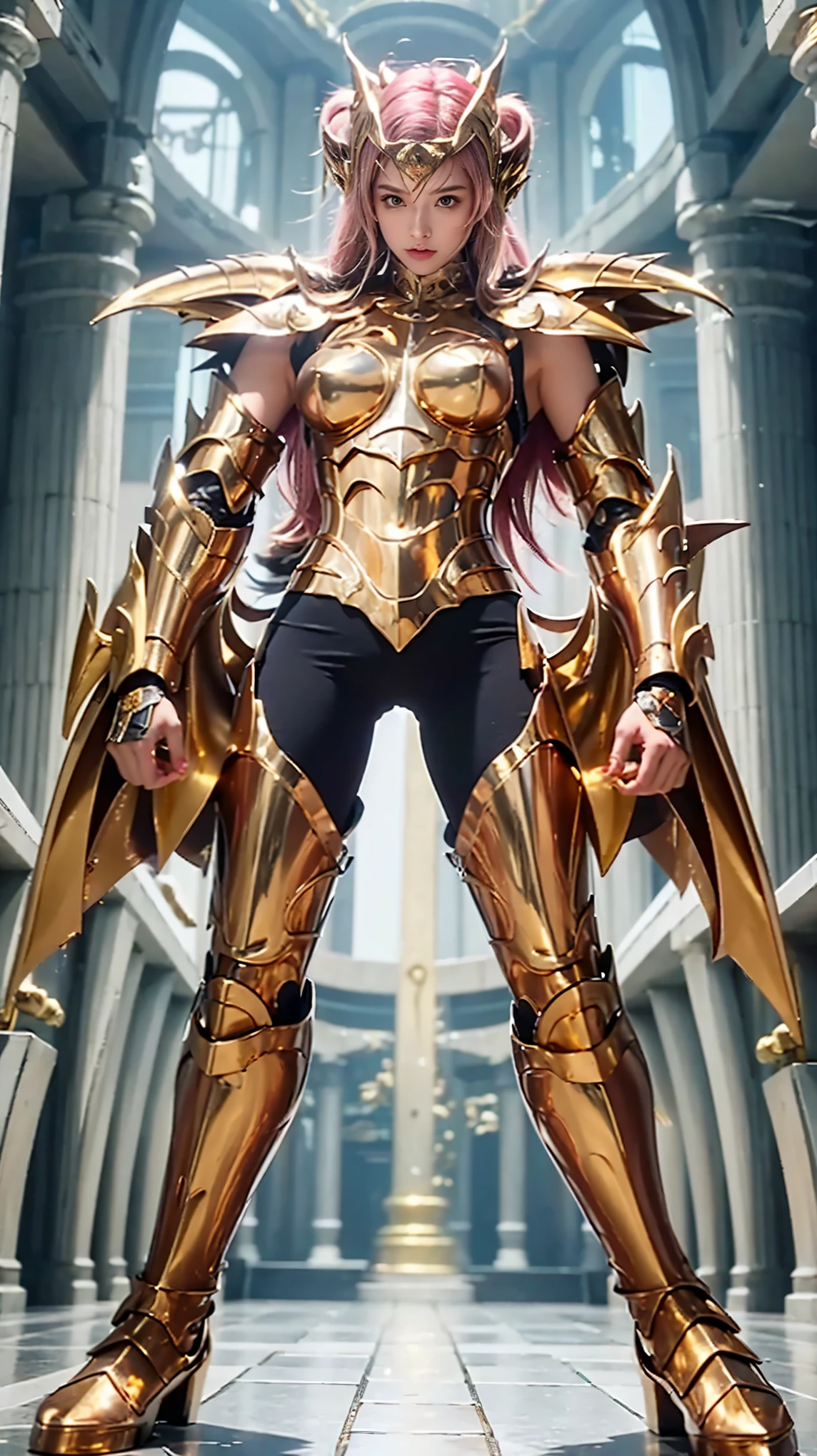 a woman in a metal gold armor standing in a building, pink hair, big breasts, visible navel, visible thighs, metal golden and copper armor, metal golden armor, angelic metal golden armor, knights of zodiac girl, metal golden armor wearing, wearing witchblade armor, metal gold armor, body metal golden armor, light metal gold armor, armor girl, sleek metal gold armor, metal golden and copper shining armor, in goldfish armor, portrait knights of zodiac girl, metal gold armour suit