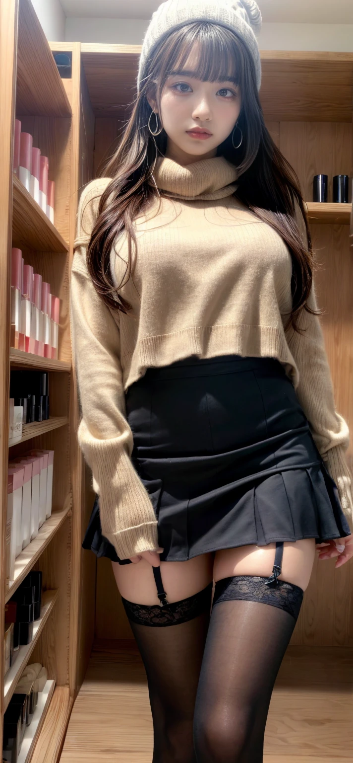 (masterpiece:1.2), (a Japanese girl), indoor, (thighs), mini skirt,