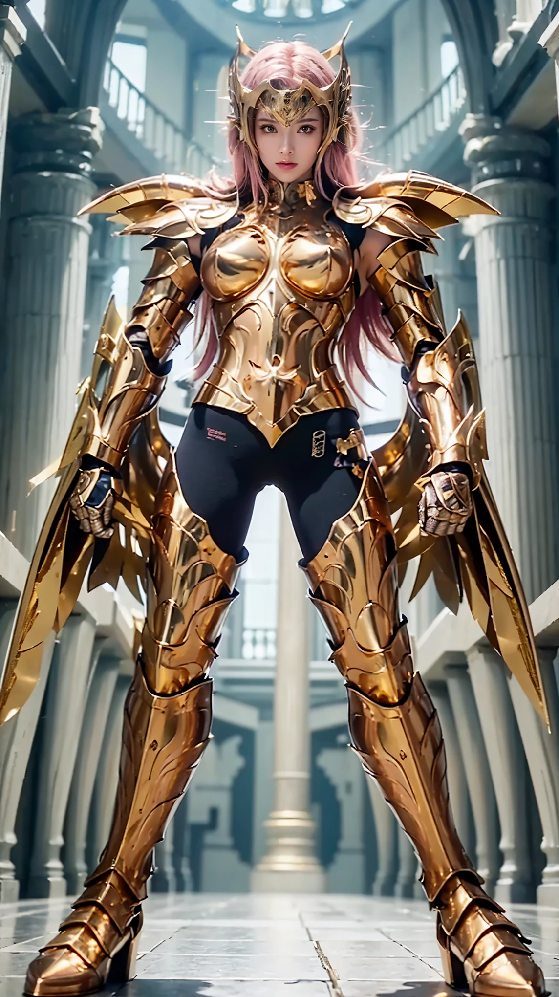 a woman in a metal gold armor standing in a building, pink hair, big breasts, visible navel, visible thighs, metal golden and copper armor, metal golden armor, angelic metal golden armor, knights of zodiac girl, metal golden armor wearing, wearing witchblade armor, metal gold armor, body metal golden armor, light metal gold armor, armor girl, sleek metal gold armor, metal golden and copper shining armor, in goldfish armor, portrait knights of zodiac girl, metal gold armour suit