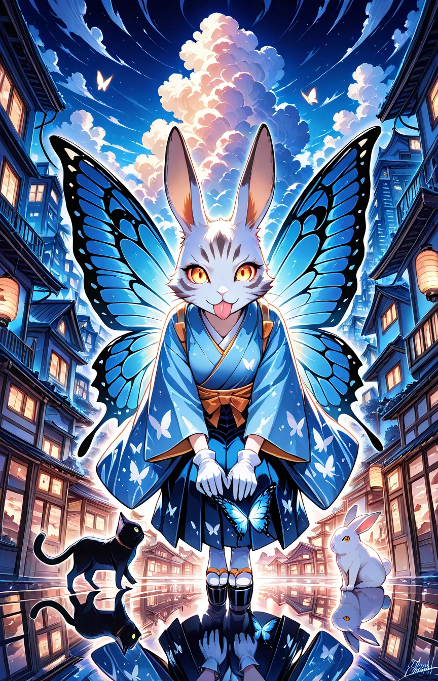 signature, butterfly wings, reflection, cloud, rabbit, white gloves, orange eyes, city lights, blue theme, cat, monster, tongue out, house, kimono, yellow eyes