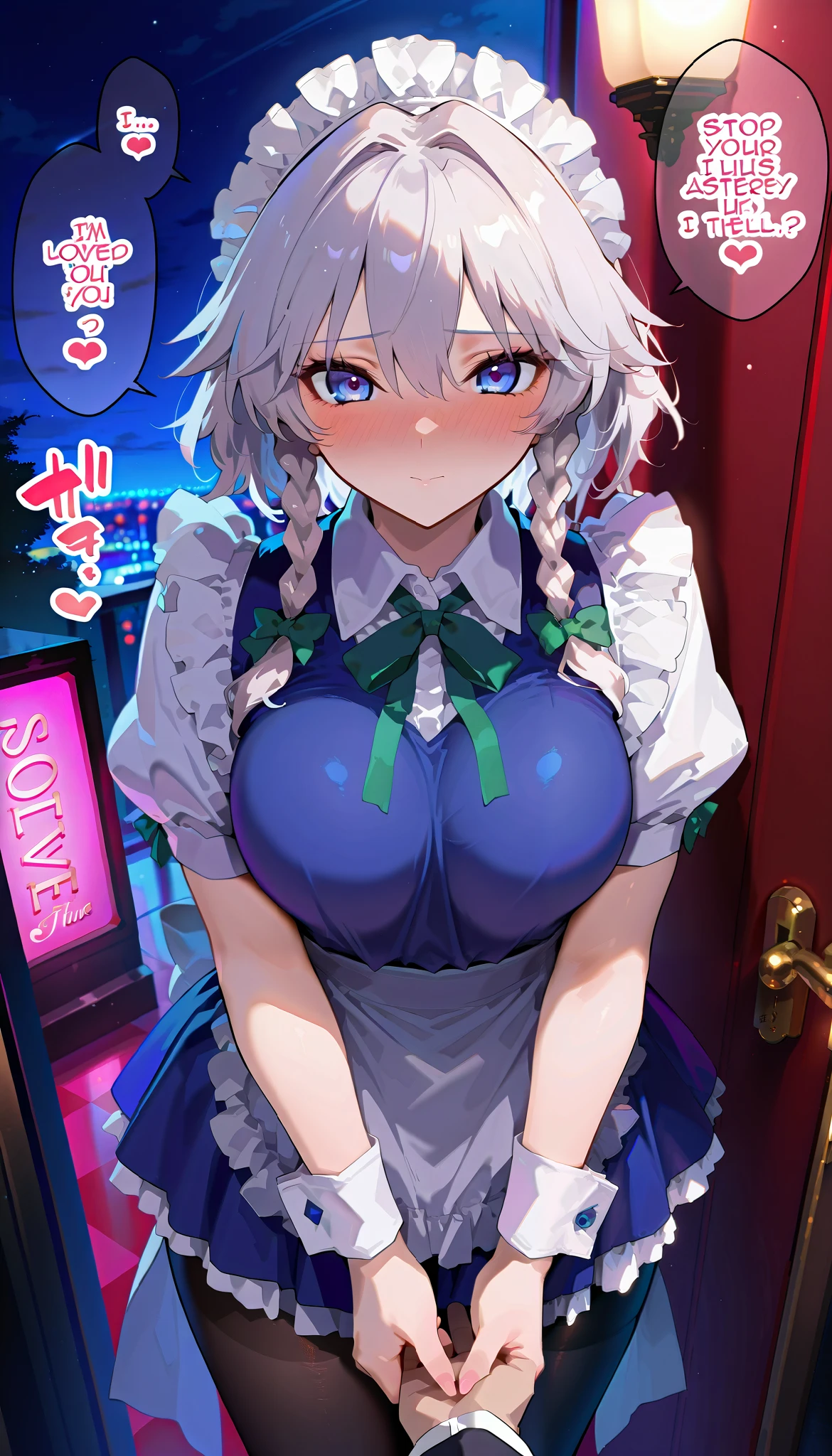 masterpiece, beautiful woman, adult female, cute, score_9, score_8_up , score_7_up , , rating_ general , 1girl , izayoi sakuya, white hair, short hair, maid clothes、Navy blue clothes,White ruffle sleeves,Short sleeve,unexposed breasts, navy blue ruffle skirt, miniskirt,white ruffle apron, twin braids, source_anime, cowboy shot, full portrait, hair between eyes, (slim, slender body, tight waist, toned body), (outside, night,  Love Hotel , In front of the door), (full-face blush、speech bible), (lovely face, embarrassed, full blush, loving you, I&#39;m excited, looking down, be nervous), (hold out your hand , pull man's clothes:1.5,  stop), front view, from above, lovely hearts:1.4, ((throw, 1Man, throwhand)), Sound effects:1.3, (side view:1.4)