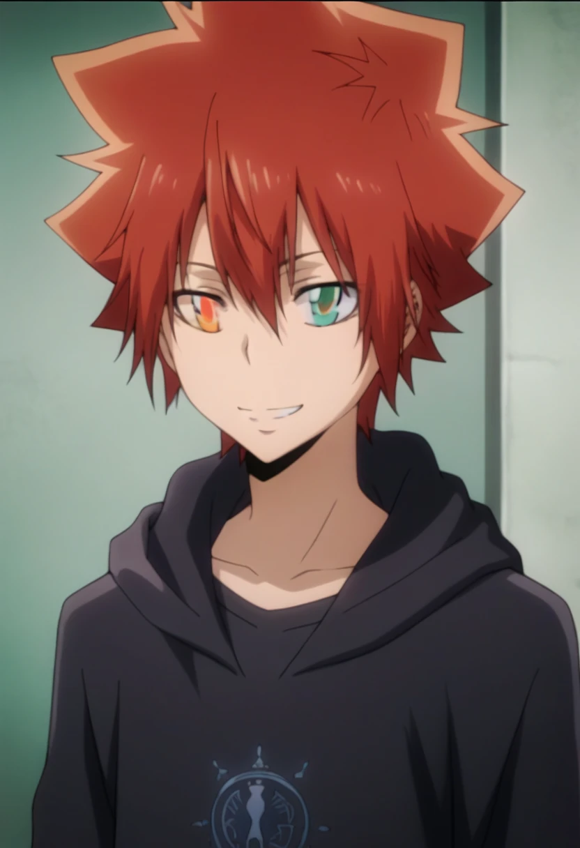 score_9, score_8_up, score_7_up, score_6_up, highly detailed, masterpiece, best quality,detailed,intricate details, amazing quality, best aesthetic, absurdres,source_anime,1 boy,tsuna_hyper,scarlet hair,heterochromia,orange eye, green eye,Long nape hair,smile,black hoodie clothes with hood