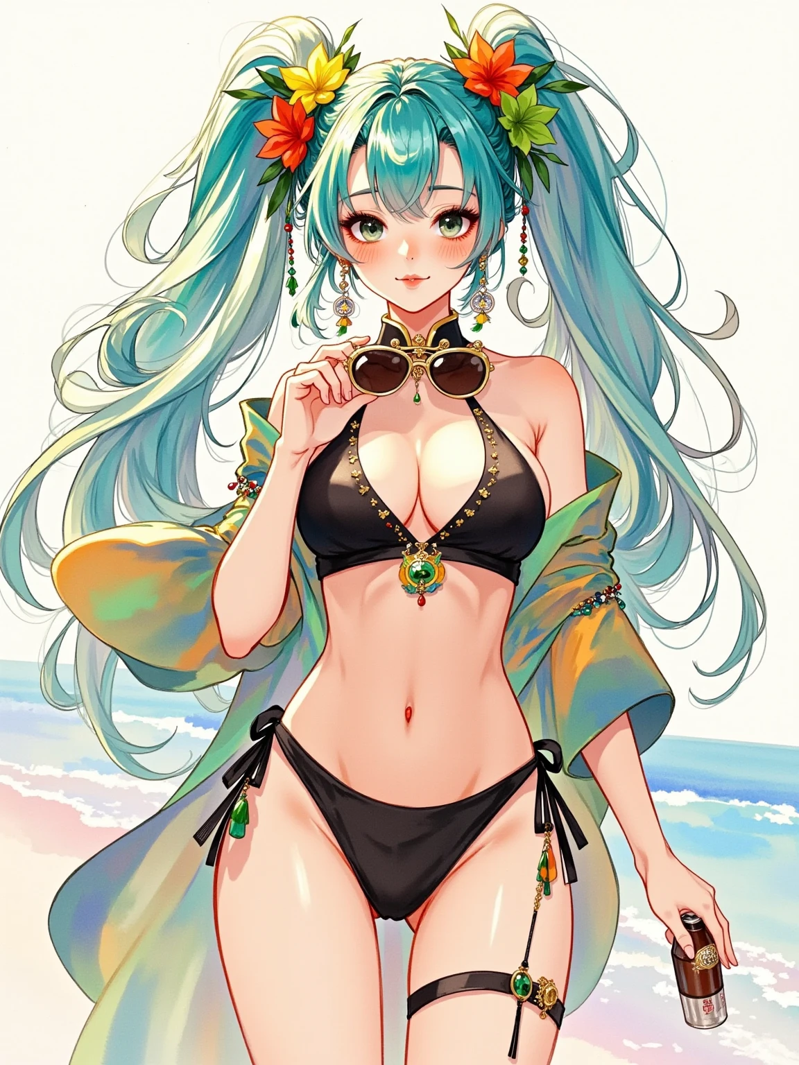 watercolor， large-scale smudging ，Gradient，illustration，illustration， solid color background ，cute， mature， Chinese style，gorgeous，grace，Full of creativity ，pride，  Miku Brasileiro , Dark skin, Brazilian sportswear, Floral, super long blue hair with marias-chiquinhas, wearing sunglasses on the beach,  holding Brazilian soda in her hand , super huge breasts, Breast augmentation,  full body photo, shy smile, Small tight black bikini，Sexy，charming， overall color uniformity， art，advanced， painting design 