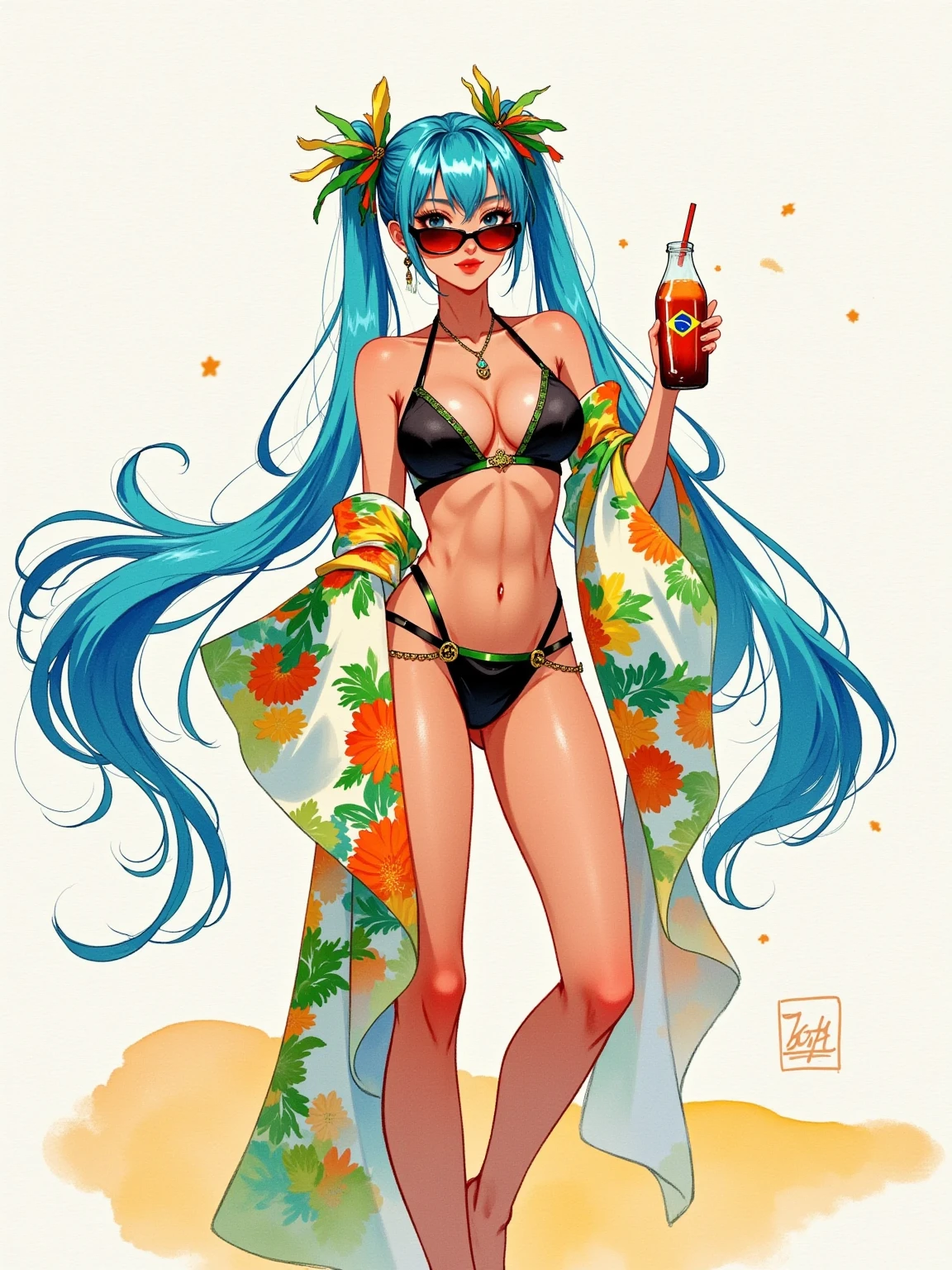 watercolor， large-scale smudging ，Gradient，illustration，illustration， solid color background ，cute， mature， Chinese style，gorgeous，grace，Full of creativity ，pride，  Miku Brasileiro , Dark skin, Brazilian sportswear, Floral, super long blue hair with marias-chiquinhas, wearing sunglasses on the beach,  holding Brazilian soda in her hand , super huge breasts, Breast augmentation,  full body photo, shy smile, Small tight black bikini，Sexy，charming， overall color uniformity， art，advanced， painting design 