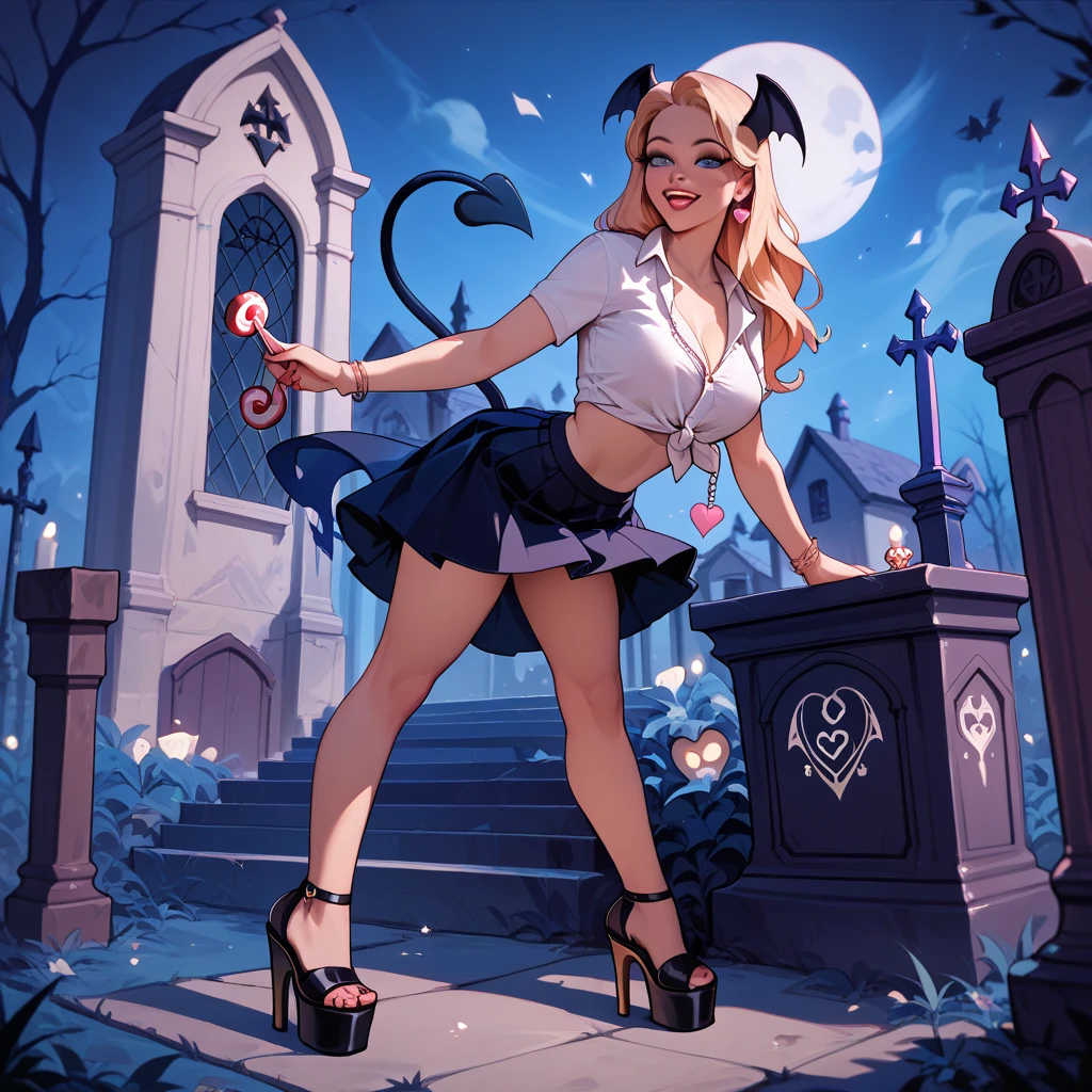 girl in short skirt, neckline, platform heels and devil's tail asking for candy at midnight in a cemetery, surrounded by tender ghosts