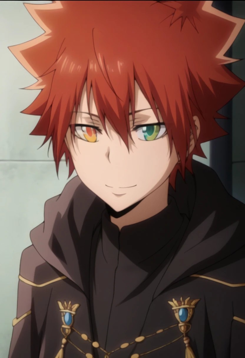 score_9, score_8_up, score_7_up, score_6_up, highly detailed, masterpiece, best quality,detailed,intricate details, amazing quality, best aesthetic, absurdres,source_anime,1 boy,tsuna_hyper,scarlet hair,heterochromia,orange eye, green eye,Long nape hair,smile,black military uniform with hood