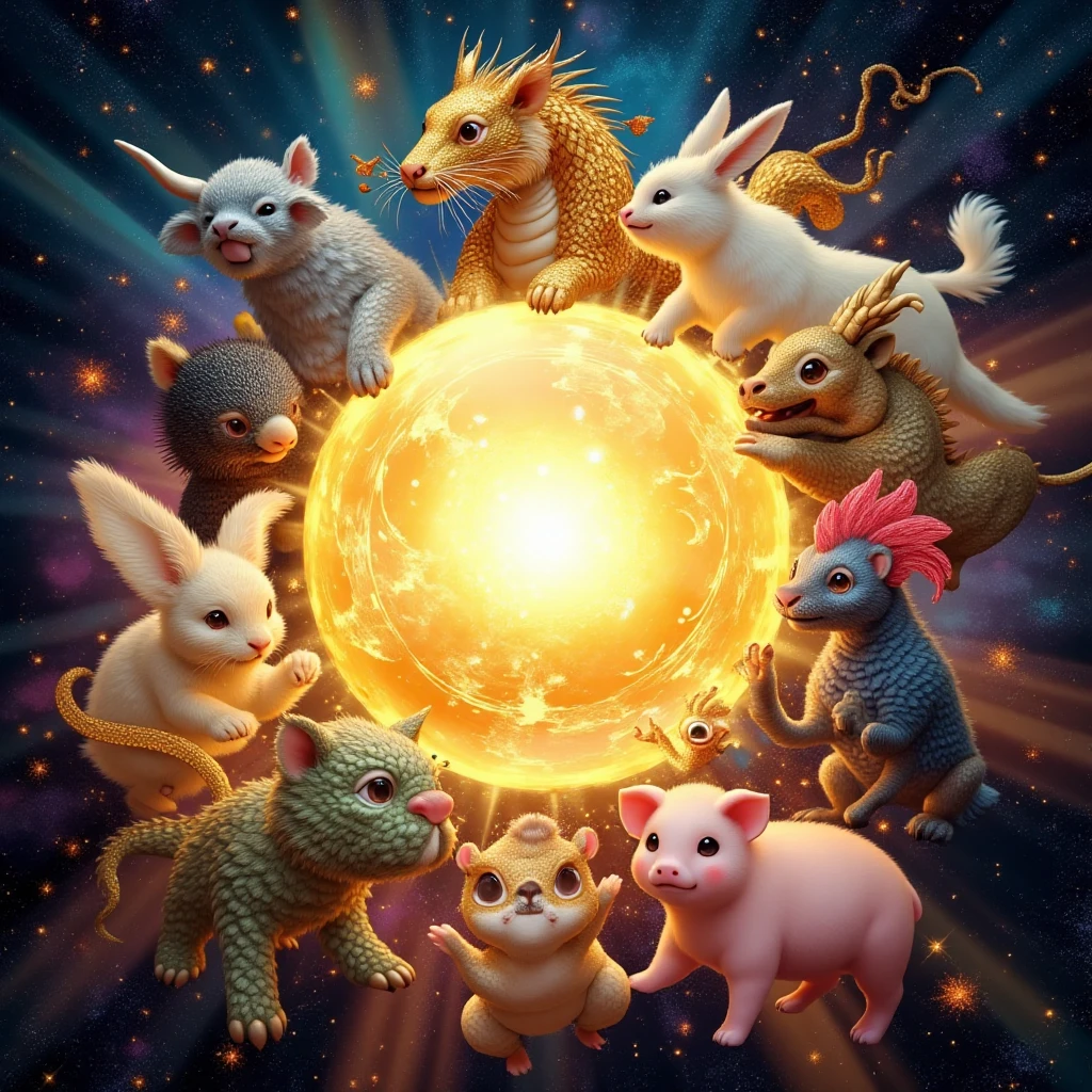 A cosmic scene with 12 Chinese zodiac animals encircling a glowing central orb, each styled semi-realistically: a silver Rat, blue Ox, striped Tiger, white Rabbit, green Dragon, iridescent Snake, golden Horse, gold-fleece Goat, sparkly brown Monkey, sunrise-hued Rooster, midnight Dog, and pink Pig. The backdrop features vibrant nebulas, stars, and soft light beams, symbolizing harmony and prosperity