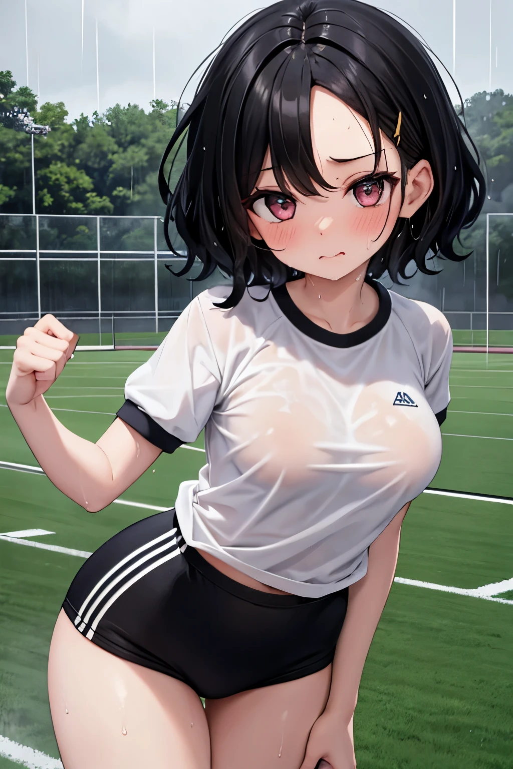 1girll, 独奏, tennis wear, white mini-skirt, tmasterpiece,, (shiny skins, perspired:1.4), absurderes, looking at viewert, with short black hair, with brown eye,slenderness,Dynamic light and shadow,A high resolution,Sharp focus,depth of fields,The eyes are delicate,Sharp pupils,pupil realistic,(smallunderboob:1.6),(Thigh thick:1.0),exteriors,Skysky，lace edge，pantiess，underdressing，Loves，kneeling down，