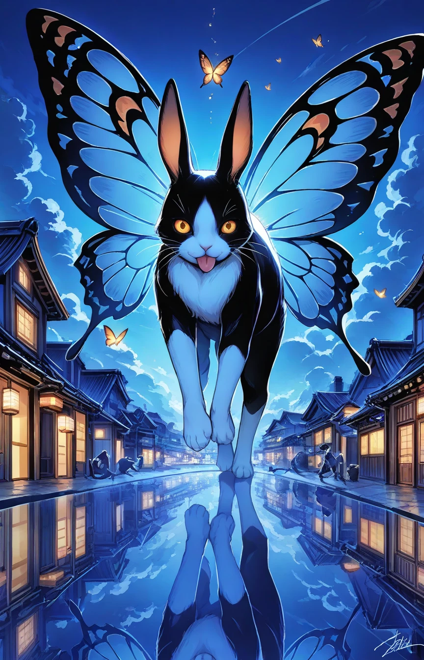 signature, butterfly wings, reflection, cloud, rabbit, white gloves, orange eyes, city lights, blue theme, cat, monster, tongue out, house, kimono, yellow eyes