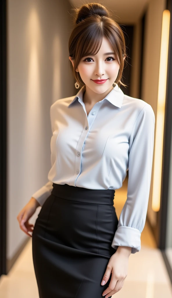 (((Best Quality, 8K, masutepiece: 1.3))), Seductive office secretary and best big silk fully unbuttoned shirt