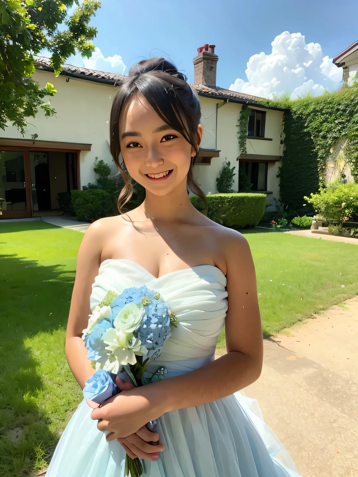 A stunningly beautiful 20-year-old woman standing in the courtyard of a luxurious mansion under a clear blue sky. She is wearing a white and blue wedding dress and holds a red bouquet with both hands in front of her chest. She looks very happy, with a radiant and joyful expression.