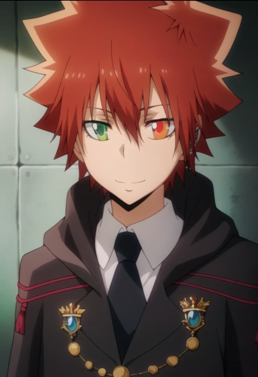 score_9, score_8_up, score_7_up, score_6_up, highly detailed, masterpiece, best quality,detailed,intricate details, amazing quality, best aesthetic, absurdres,source_anime,1 boy,tsuna_hyper,scarlet hair,heterochromia,orange eye, green eye,Long nape hair,smile,black military uniform with hood