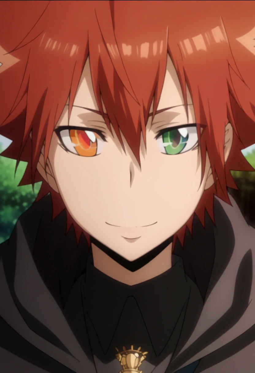 score_9, score_8_up, score_7_up, score_6_up, highly detailed, masterpiece, best quality,detailed,intricate details, amazing quality, best aesthetic, absurdres,source_anime,1 boy,tsuna_hyper,scarlet hair,heterochromia,orange eye, green eye,Long nape hair,smile,black military uniform with hood