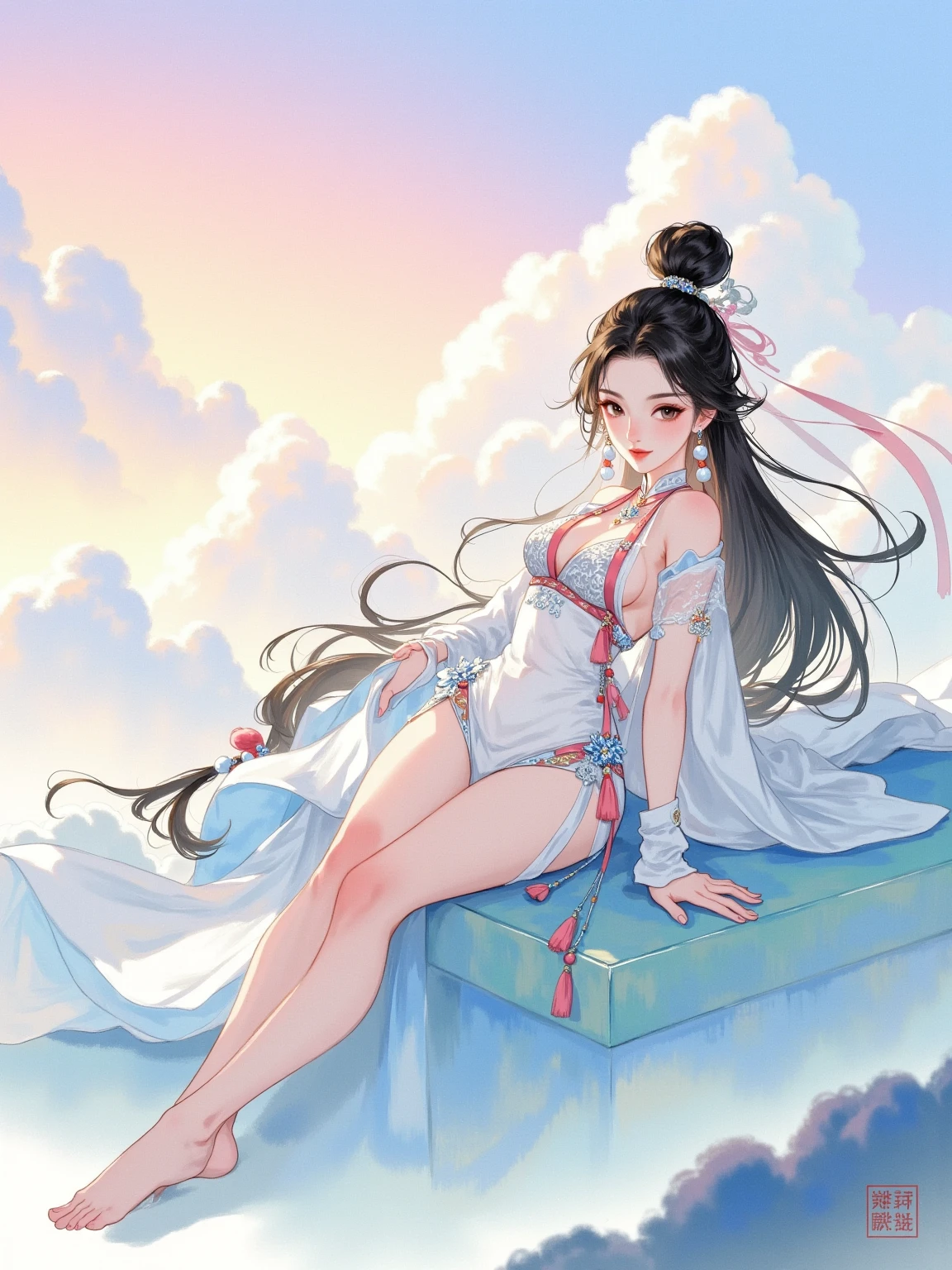 (exquisite works,Sideslit,A high resolution,hyper-detailing,Fine Eye:1.5,Start from the front),(An extremely exquisite Chinese masterpiece,Super beautiful and delicate cheeks,A smile of shame,Ethereal silence,mountain fog,Clouds),(A noble and luxurious bikini fairy,Hold your legs with both hands,(Kneeling on both knees),faeries,long and flowing hair,Red hairpin,long layered silvery white hair,White flower bra and red eyes, The beautiful palm has five fingers,The foot has five toes,The barefoot((Perfect body,mediuml breasts,nakeness, 0.2,The crotch space is clearly visible,Nipple nipple,The crotch space is clearly visible))