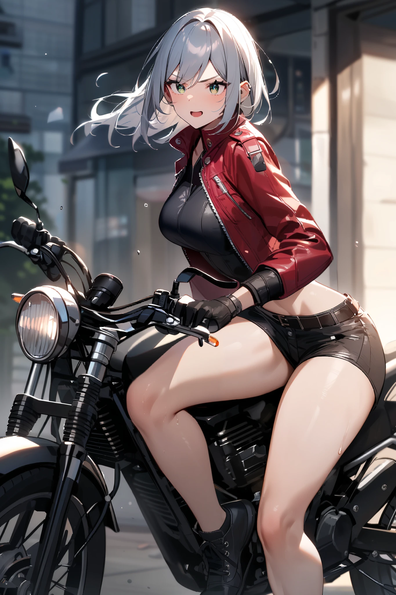 by Wlop,(Masterpiece),(Highest quality:1.4), (Highest Detailed:1.3), (8k very detailed CG unit wallpaper), (masutepiece), Full body shot, photo of the whole motorcycle, Cute young woman in Japan, Ride an old traditional shiny metallic silver motorcycle at the wharf, glamorous shape, shoulder length shiny smooth light brown hair, Wearing a leather black riding jacket, Glossy satin red bikini under riding jacket, Leather Black Riding Gloves, Leather Black Pants, Leather Black High Heel Long Boots, staring at night view over the sea, absolutely pretty face, Double eyelids, Natural makeup, long eyelashes, Glossy lips, 8K resolution, high details, detailed hairstyle, Detailed face, Black eyes, elegent, epicd, Cinematic lighting, Octane Rendering, Vibrant, Hyper realistic, Fair skin, Perfect limbs, Perfect Anatomy, (Rendered in ultra-high definition, (UHD) resolution 8K:1.4), perfect beautiful body