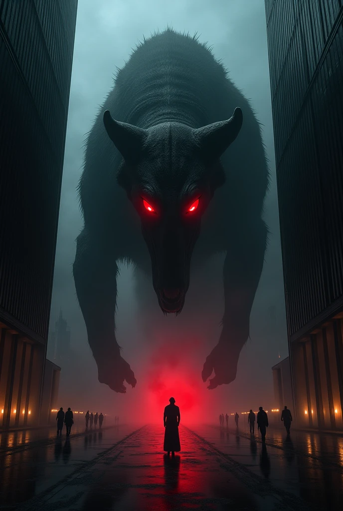 Destroyed buildings, 5 headed wolf statue, lots of blood on the floor, devilish expression, lots of chains and skulls with blood