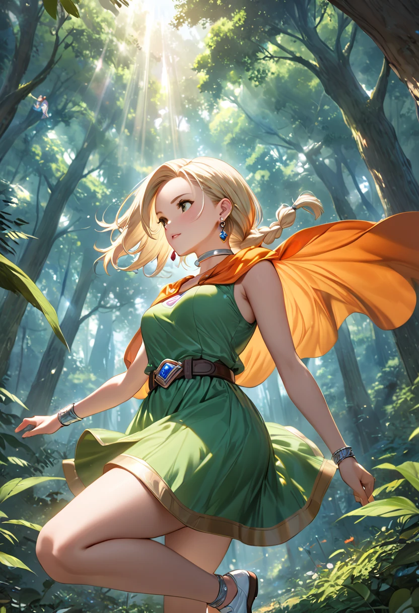 Bianca casting a spell,(Shooting from below),((White panties)),(Storm from below),Thundercloud,DQ Bianca,
Single Blade,((Green Dress)), Earrings, choker, Orange Cape, belt
