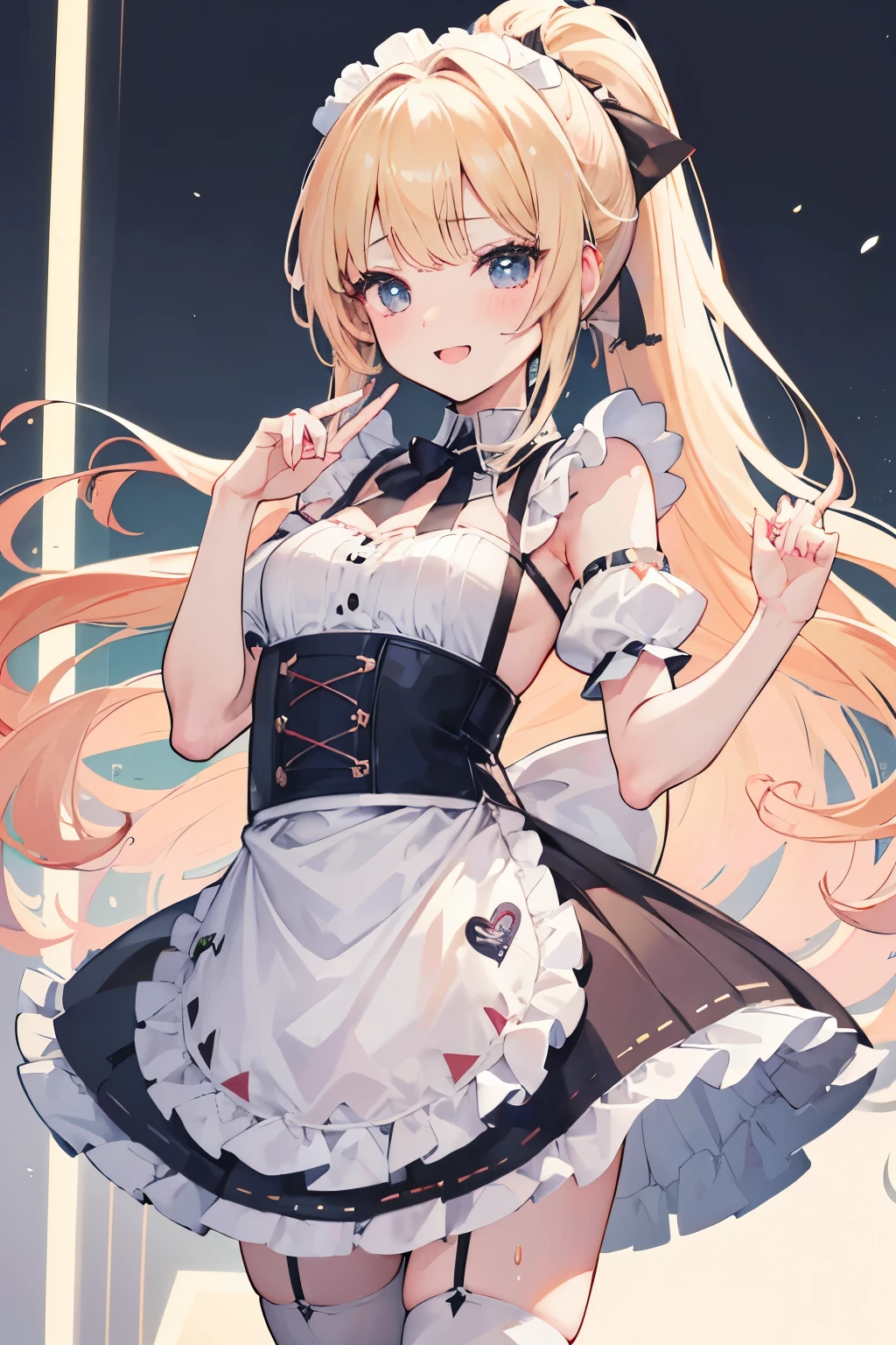 marie rose from dead or alive, female junior fighter, ((ribbon, earring, fingerless glove, apron, sailor collar, vibrating egg shape toy)), (twin tail with ribbons, messy fang, cute and lovely aura, bright pupil, charming effect, petite body shape), (3D comic art style, masterpieces, high resolution), prison background