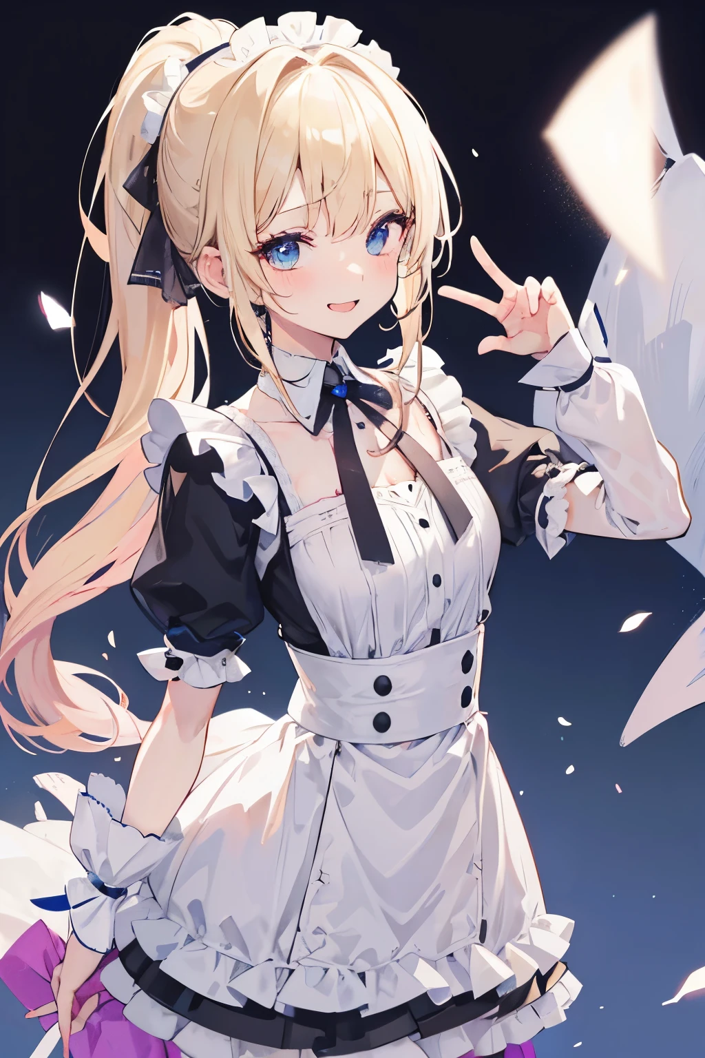 masterpeace, best quality, highres, 1girl, hayasaka ai, solo, blonde hair, maid, blue eyes, side ponytail, hair scrunchie, hair ornament, blue scrunchie, maid headdress, apron, hair between eyes, breasts, long sleeves, bangs, white shirt, black dress, sidelocks, maid apron, black pantyhose, cowboy shot,