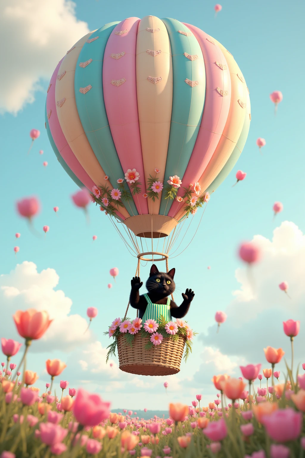 documentary photo, ultra-realistic, photorealistic, dramatic scene, shadow, global-illumination, the human-like giant black cat\(realistic, photorealistic, wearing a vertical striped green apron, black cat, waving in sadness\), the cat is riding in the basket of a hot air balloon and floating in the air in the various pastel colored flower field with full bloom, a hot air balloon is rising up into the sky in high altitude, very wide shot, the large basket of the hot air balloon is gorgeously decorated with various pastel colored flowers, sunny day in winter, spectacular view of vast flower field with large hot air balloon, very cute pastel colors of pink and light blue with light green, (shoot from below)