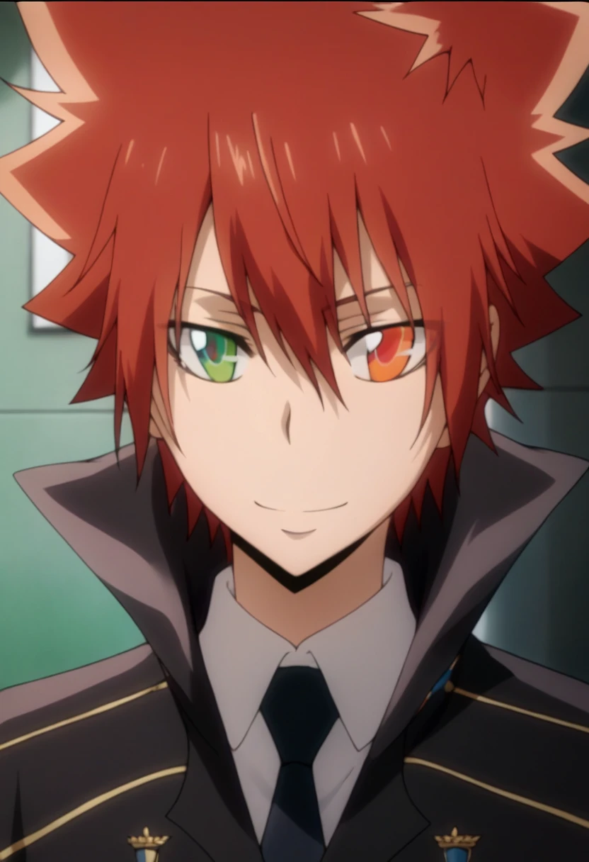 score_9, score_8_up, score_7_up, score_6_up, highly detailed, masterpiece, best quality,detailed,intricate details, amazing quality, best aesthetic, absurdres,source_anime,1 boy,tsuna_hyper,scarlet hair,heterochromia,orange eye, green eye,Long nape hair,smile,black military uniform