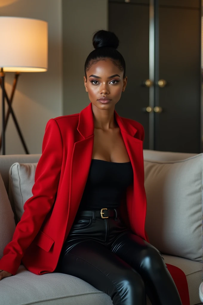 Half body photo, 1 beautiful young black woman; coy smile, (red satin bomber jacket); one hand is holding a pistol the other hand is empty, satin leggings , tall black boots, long hair, natural makeup, extremely detailed eyes and face, lovely smile, delicate blush, sensuous lips, intricate facial details, perfect skin, flawless skin texture perfect, ; standing in a long hallway with many doors, evening lighting,, , subtle , dreamy, luxurious atmosphere, low lighting; Super high quality, surreal, 8K, high resolution, masterpiece, detailed, professional cinematic lighting, , ; Fine brushstrokes,ethereal vibe,mesmerizing gaze,dreamy atmosphere,blending elegance,subtle color gradients,,understated beauty. In the background several men lay unconscious on the hallway floor